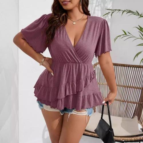 Polyester Plus Size Women Short Sleeve T-Shirts patchwork Solid PC