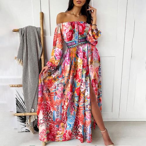 Polyester front slit & Plus Size Boat Neck One-piece Dress & off shoulder printed PC