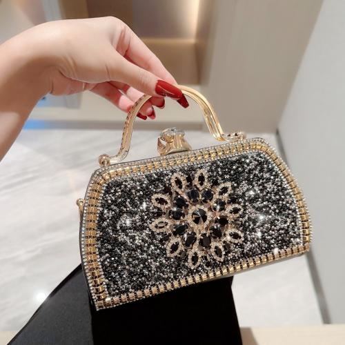 Metal & PU Leather Easy Matching Clutch Bag with rhinestone floral black PC