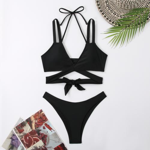 Polyester Bikini backless & two piece & off shoulder Solid Set