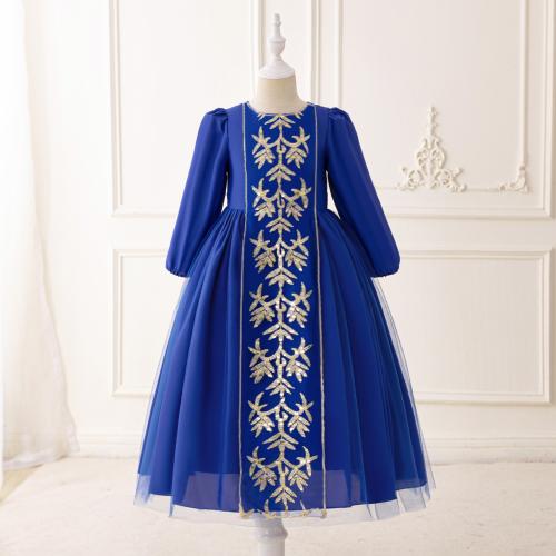 Gauze & Polyester Ball Gown Girl One-piece Dress & breathable Solid blue PC