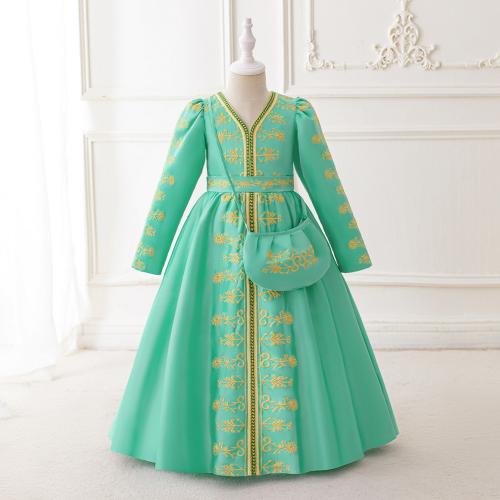 Polyester Princess Girl One-piece Dress large hem design Bag embroider Solid green PC