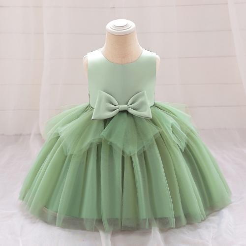 Gauze & Polyester Girl One-piece Dress with bowknot & breathable Solid PC