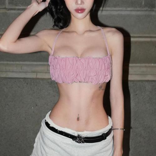 Polyester Camisole midriff-baring & hollow patchwork Solid pink PC