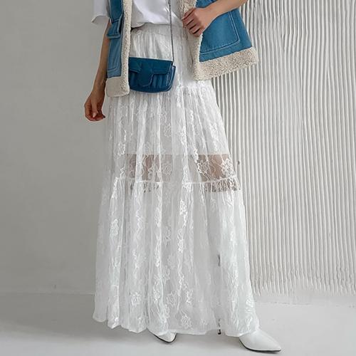 Polyamide Maxi Skirt see through look & loose jacquard Solid white PC