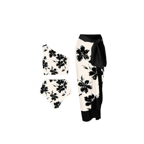 Polyester Bikini Imprimé Floral blanc et noir Ensemble