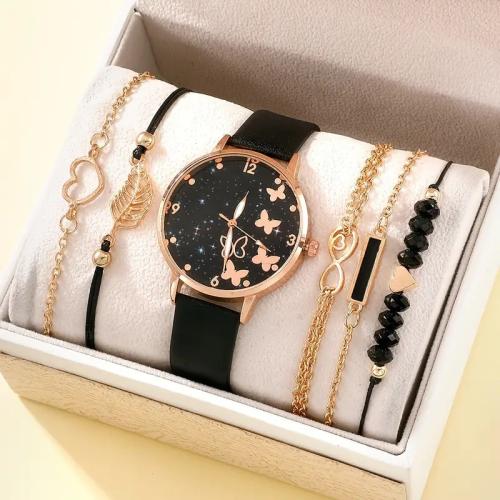 Glass & Stainless Steel & PU Leather & Zinc Alloy Jewelry Set for women & six piece plated Set