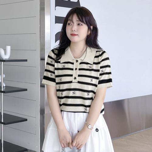 Viscose Fiber Soft & Plus Size Women Short Sleeve T-Shirts & breathable striped Apricot PC