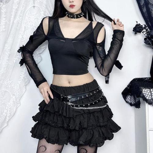 Gauze & Polyester Women Long Sleeve T-shirt midriff-baring & hollow patchwork Solid black :L PC