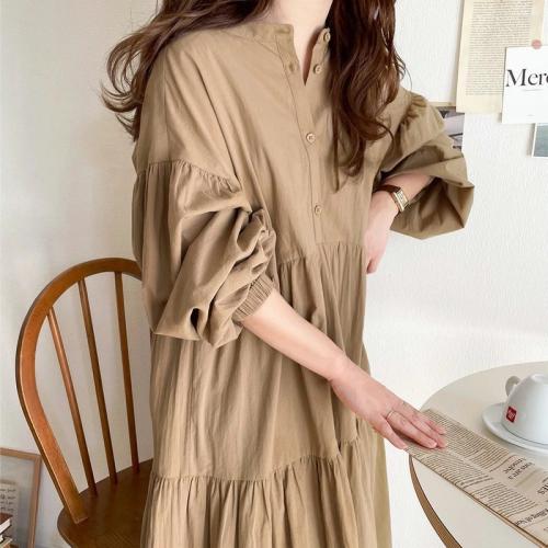 Polyester & Cotton long style & High Waist One-piece Dress Solid : PC