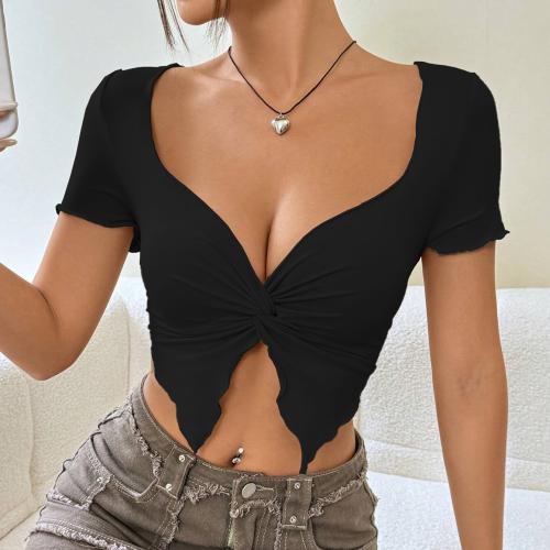Polyester Slim Women Short Sleeve Blouses midriff-baring patchwork Solid PC