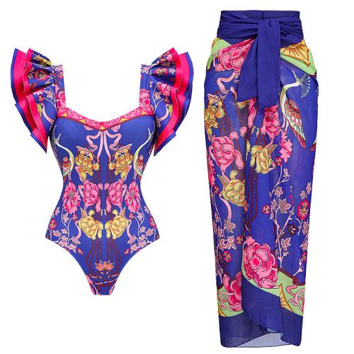 Polyester One-piece Swimsuit  & padded printed blue PC