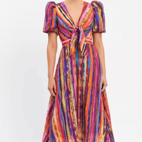 Polyester Waist-controlled One-piece Dress deep V & breathable printed multi-colored PC