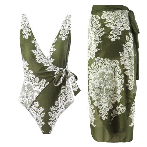 Polyamide & Polyester One-piece Swimsuit  & padded printed floral green PC