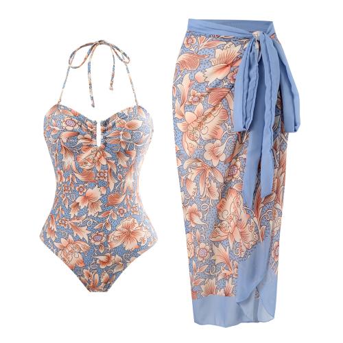 Polyester One-piece Swimsuit  & padded printed floral blue PC