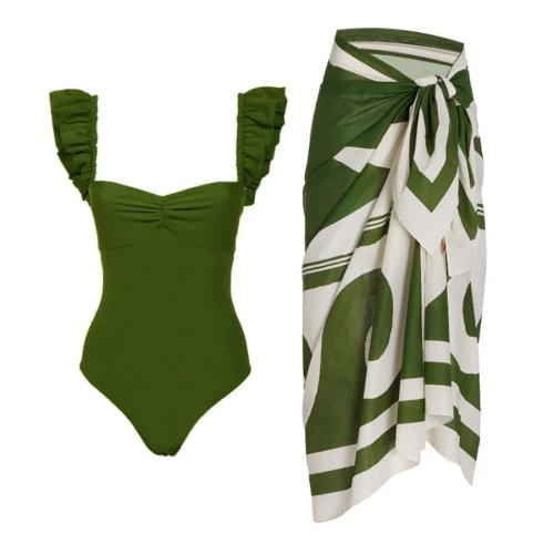 Polyester One-piece Swimsuit  & padded printed green PC