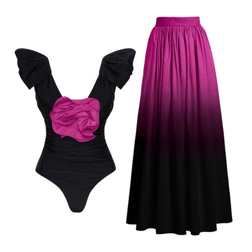 Polyamide & Polyester Zwempak uit één stuk Afgedrukt Bloemen zwart en roze stuk