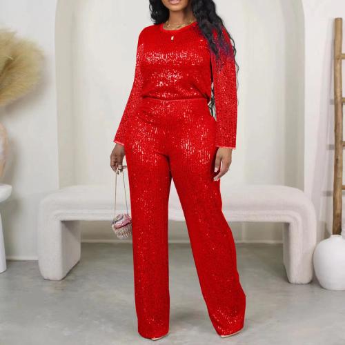 Sequin & Polyester Plus Size Women Casual Set slimming Long Trousers & long sleeve T-shirt patchwork Solid Set