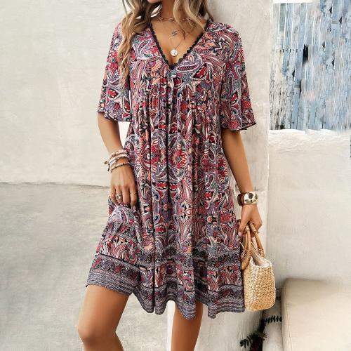 Polyester One-piece Dress deep V & loose & breathable printed PC