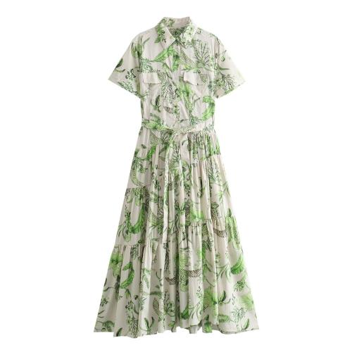 Polyester Einteiliges Kleid, Gedruckt, Zittern, Grün,  Stück