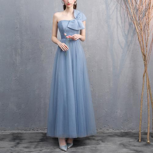 Gauze & Polyester Slim Long Evening Dress  Solid grey and blue PC