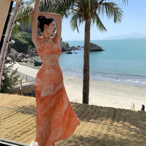 Polyester Soft Beach Dress backless & breathable Solid orange PC