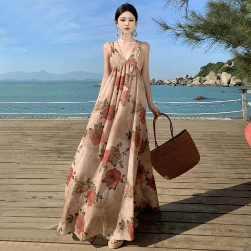 Chiffon Beach Dress backless & loose & breathable printed floral PC