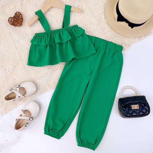 Cotton Girl Clothes Set & two piece & off shoulder & breathable Solid green Set