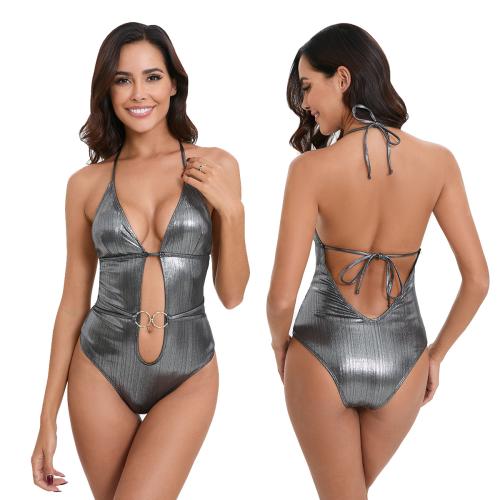Polyester One-piece Swimsuit & hollow & skinny style silver PC