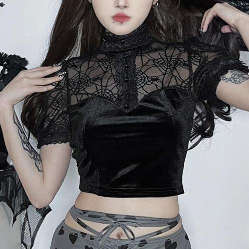 Polyester Slim Women Short Sleeve T-Shirts midriff-baring patchwork Solid black PC