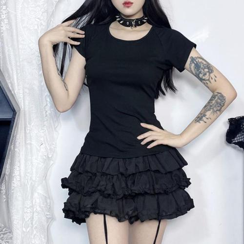 Polyester Slim Women Short Sleeve T-Shirts backless printed Solid black PC