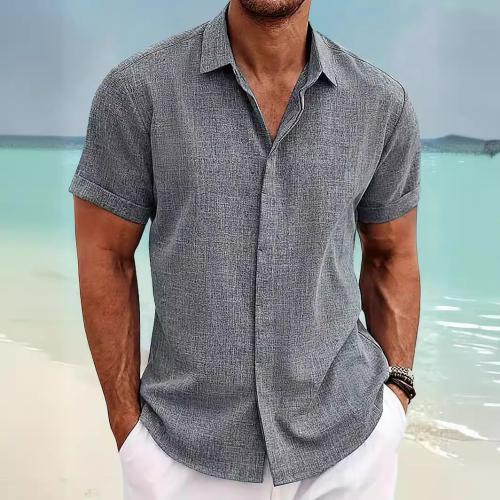 Linen & Polyester Men Short Sleeve Casual Shirt Solid PC