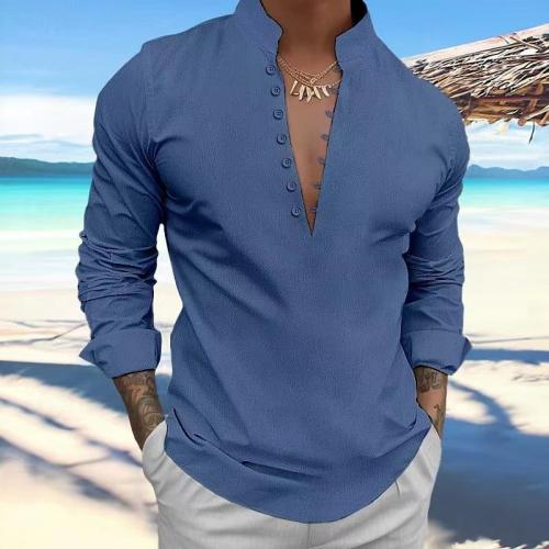 Mixed Fabric & Cotton Men Long Sleeve Casual Shirts Solid PC