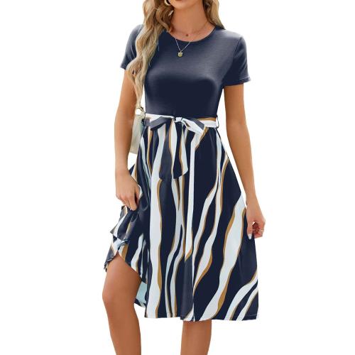 Rayon & Spandex & Polyester One-piece Dress mid-long style & with belt printed striped PC