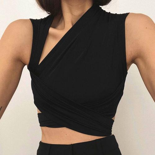 Spandex & Polyester Women Sleeveless T-shirt midriff-baring & irregular Solid PC