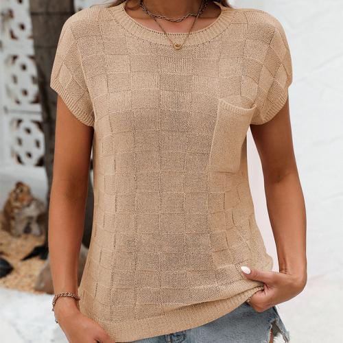 Acrylic & Nylon Women Short Sleeve T-Shirts & loose & with pocket patchwork plaid PC