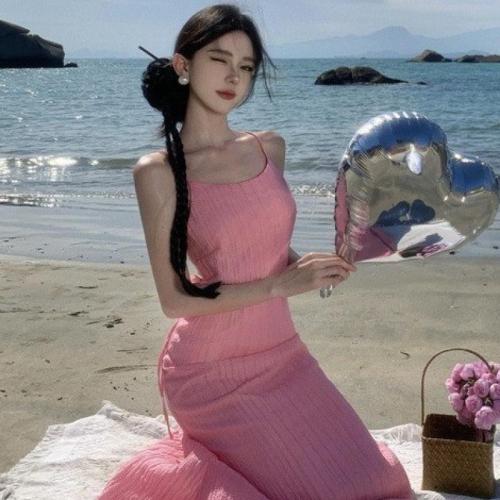 Chiffon Soft Beach Dress double layer & backless Solid pink PC