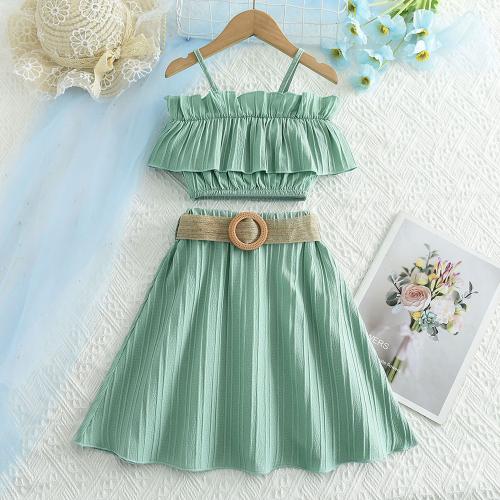 Cotton Girl Two-Piece Dress Set & two piece & off shoulder Solid green Set