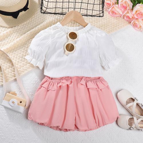 Polyester lace Girl Clothes Set & two piece & loose Solid pink Set