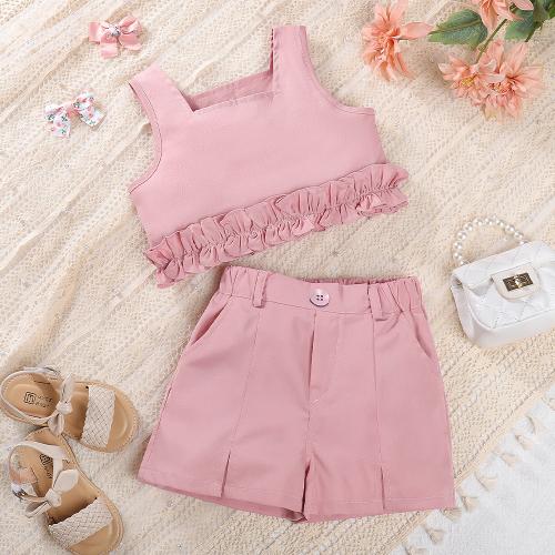Polyester Girl Clothes Set & two piece & breathable Solid pink Set