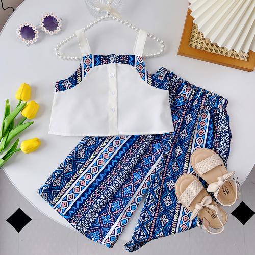 Polyester Girl Clothes Set & two piece & off shoulder printed blue Set