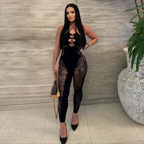 Polyester Slim Long Jumpsuit see through look & hollow PC