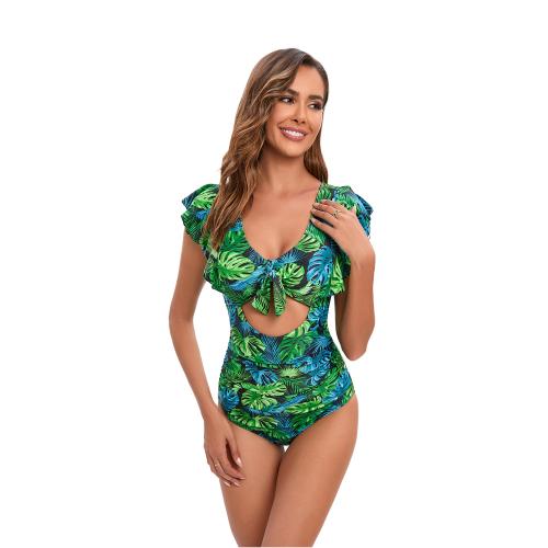 Polyester One-piece Swimsuit & skinny style printed leaf pattern green PC