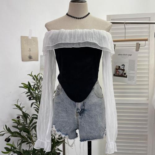 Chiffon & Polyester Waist-controlled Women Long Sleeve Blouses see through look & off shoulder Solid : PC