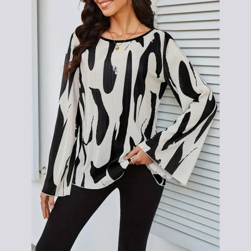 Polyester Women Long Sleeve Blouses & loose printed striped white PC