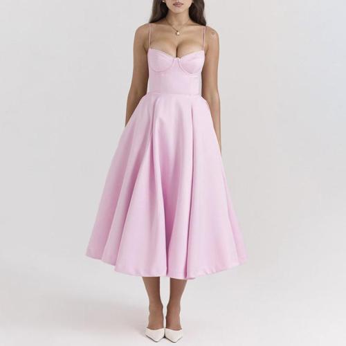 Polyester Slim Slip Dress backless patchwork Solid pink PC