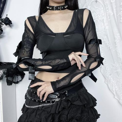 Polyester Women Long Sleeve T-shirt midriff-baring & hollow patchwork Solid black PC
