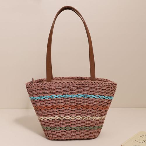 Paper Rope & PU Leather Handmade & Bucket Bag Woven Tote large capacity striped PC
