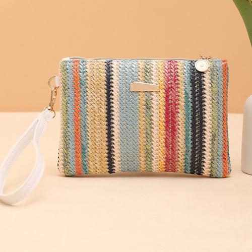 PP Straw & PU Leather Handmade & Weave Clutch Bag striped PC