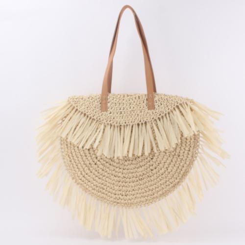 Paper Rope & PU Leather Handmade & Tassels Woven Tote PC